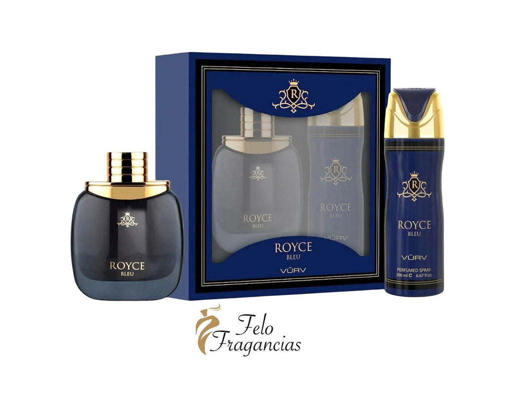Set de regalo Vurv Royce Blue: frasco grande, spray y estuche con tapa azul