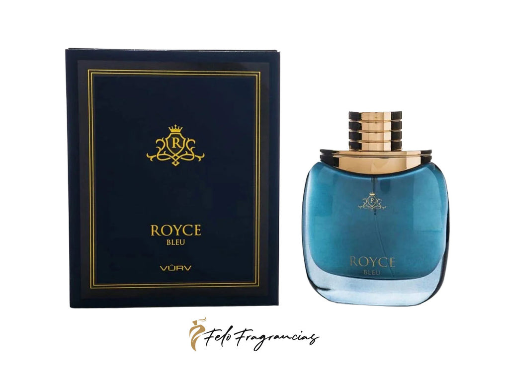 Royce Bleu eau de parfum 100ml, blue glass bottle with gold cap and matching box