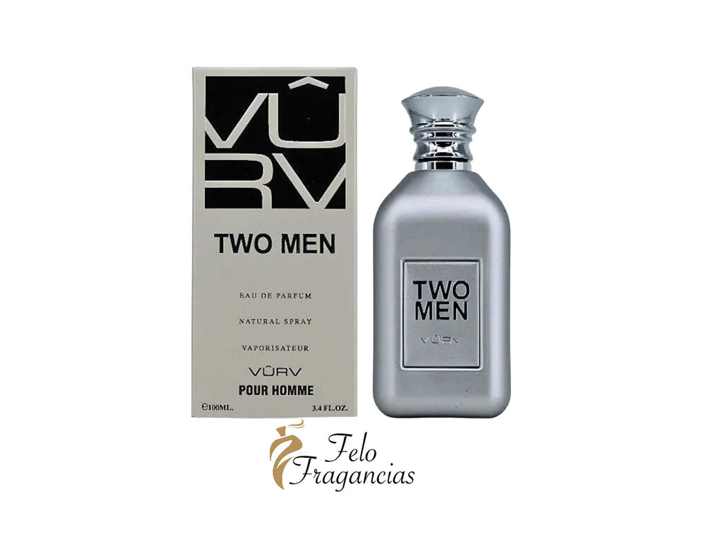 Vurv Two Men eau de parfum para hombre: caja y frasco de vidrio con tapa plateada