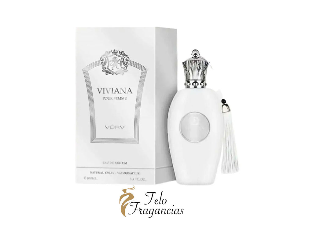 Viviana Pour Femme eau de parfum bottle with silver cap, tassel charm, and matching box