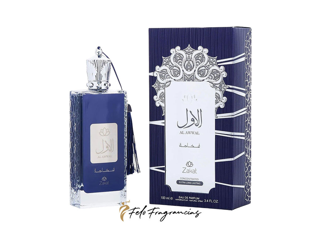 Zakat Al Awwal Fakhama 100ml eau de parfum bottle and box, blue glass and label