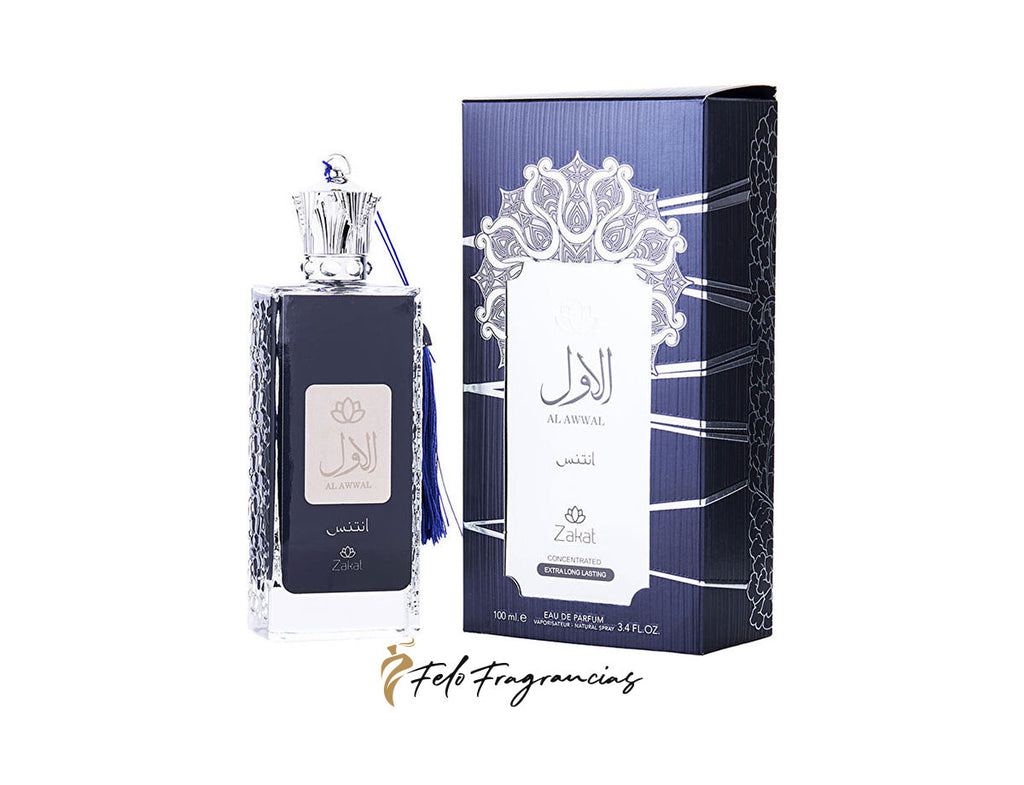 Zakat Al Awwal Intense Eau de Parfum 100ml bottle and box, clear glass, dark label