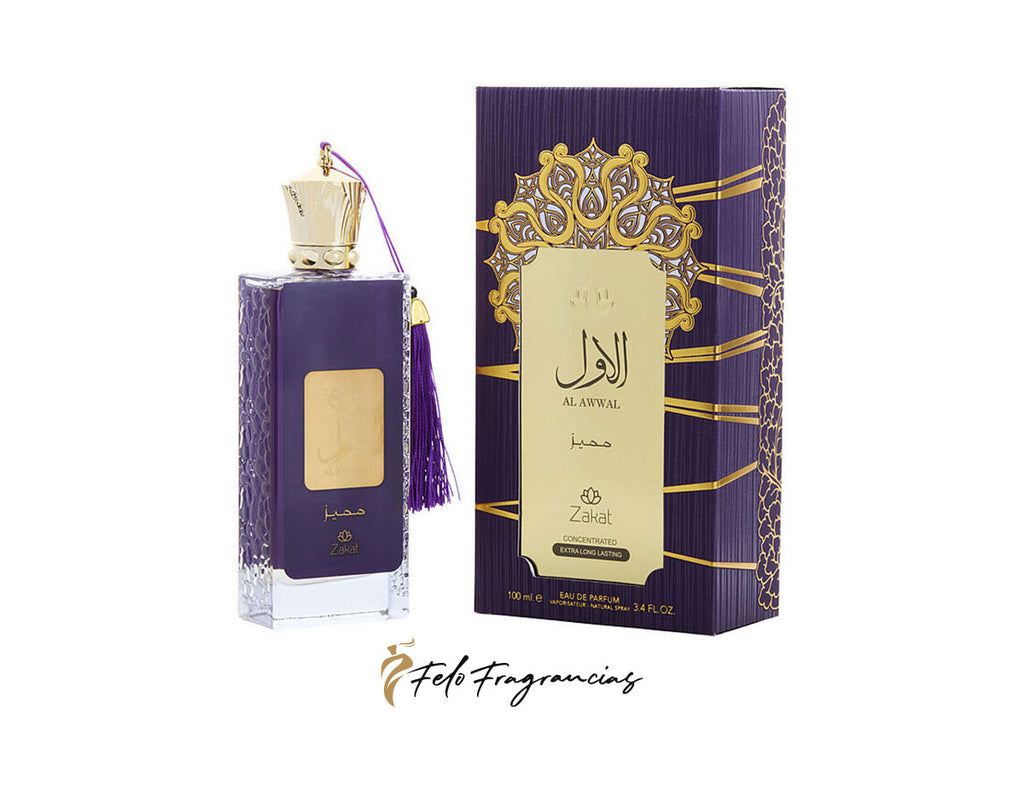 Purple glass eau de parfum bottle with gold label and tassel, plus matching box