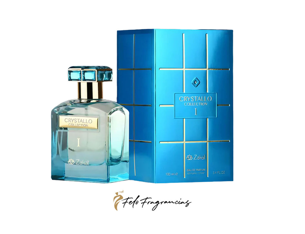 Eau de parfum Zakat Crystallo: frasco de vidrio azul con tapa turquesa y caja azul.