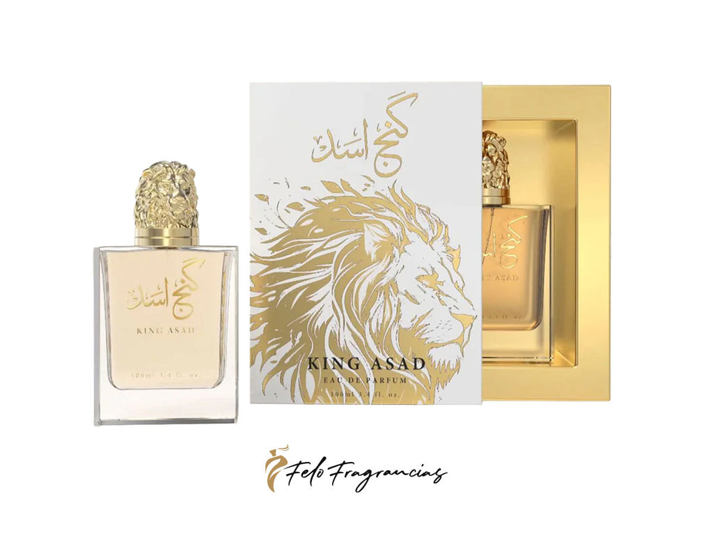 King Asad Eau de Parfum 100ml with ornate gold cap and matching gift box