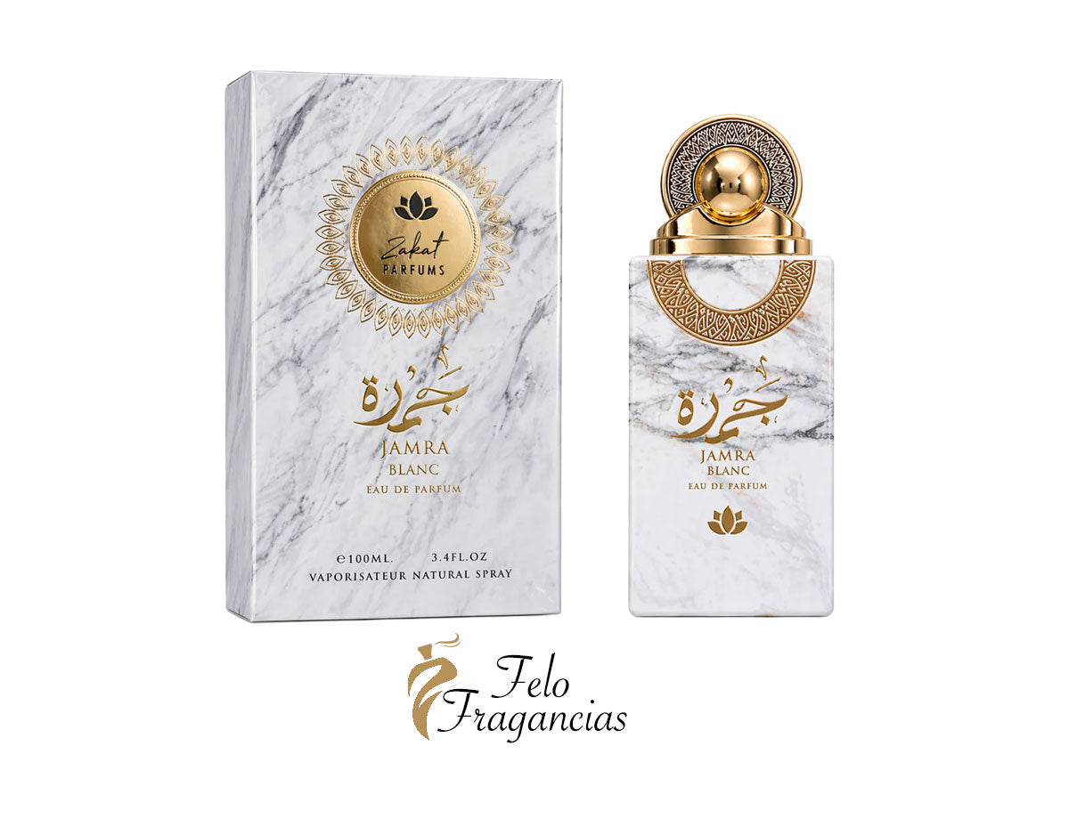 Jamra Blanc EDP 100ml box & bottle, gold cap on white marble design