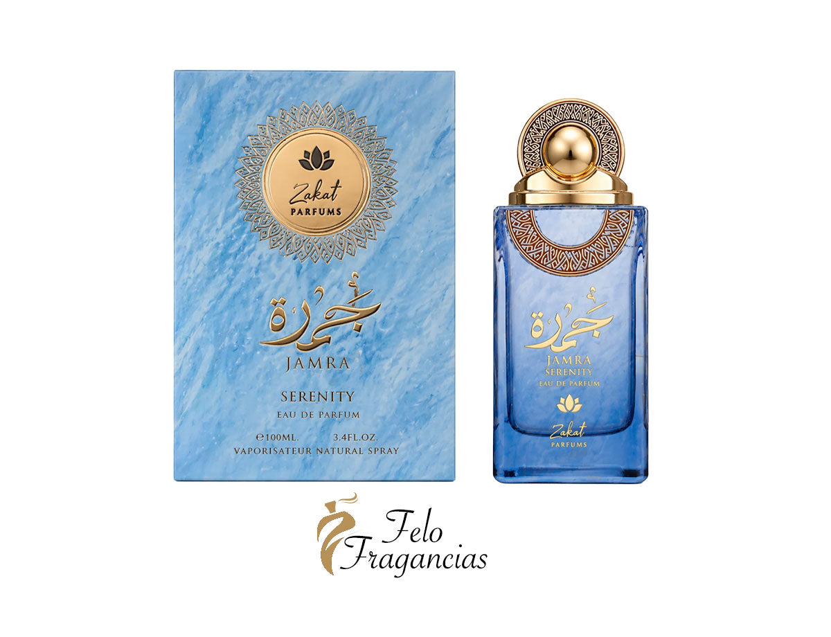 Jamra Serenity eau de parfum 100ml blue bottle with gold cap and matching box