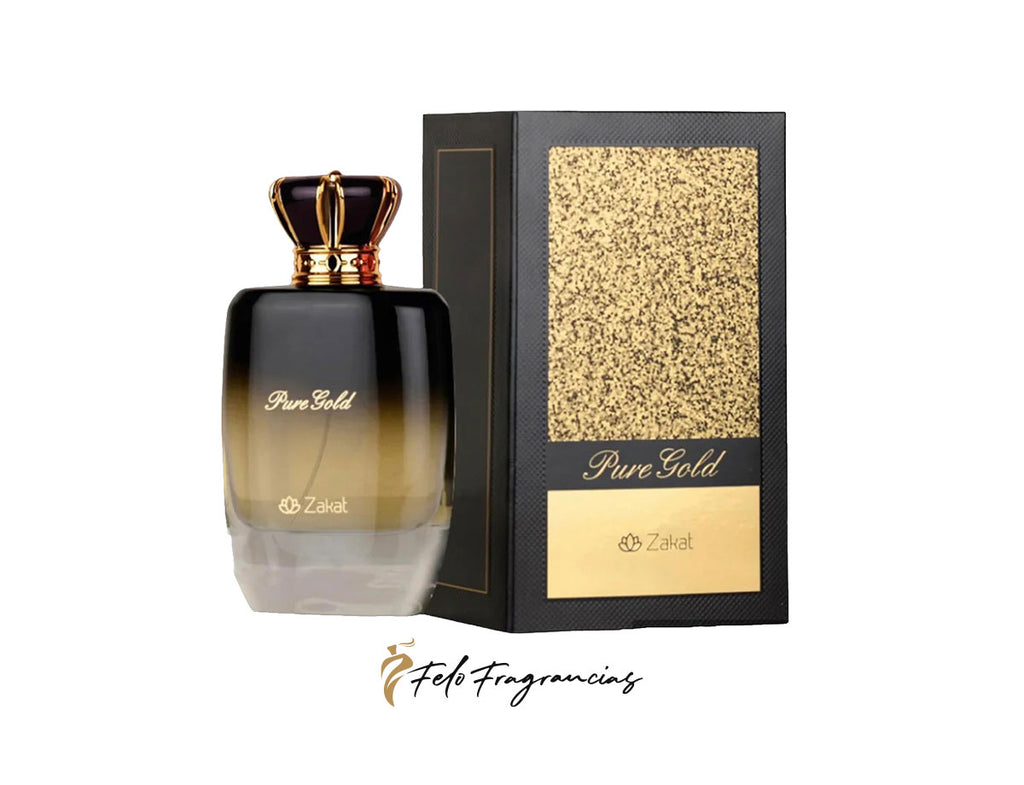Zakat Pure Gold 100ml eau de parfum bottle with matching box, dark glass and gold cap