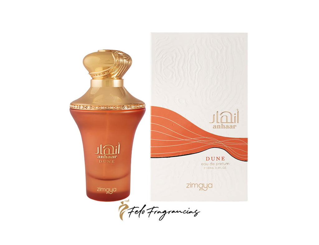 Perfume Zimaya Dune Anhhar: frasco ámbar con tapa dorada y caja