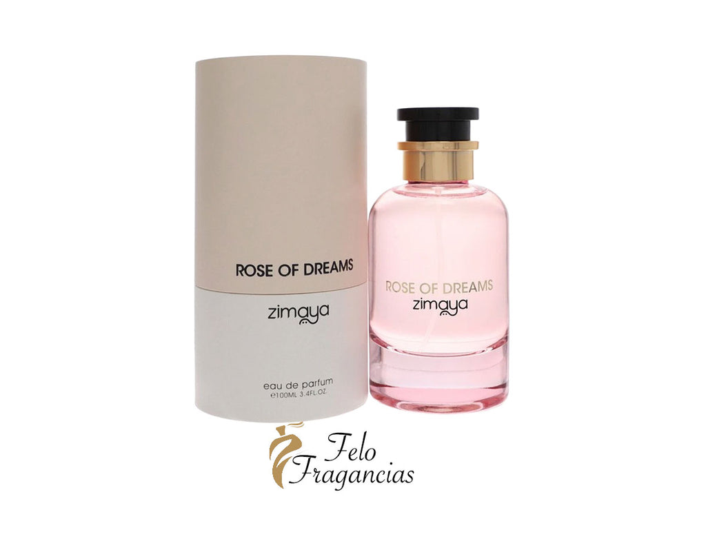 Perfume Eau de Parfum en frasco de vidrio rosa con tapa negra y caja beige