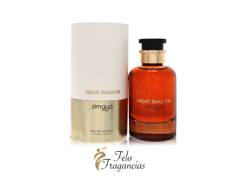 Perfume Night Shadow de Zimaya en frasco ámbar y caja blanca