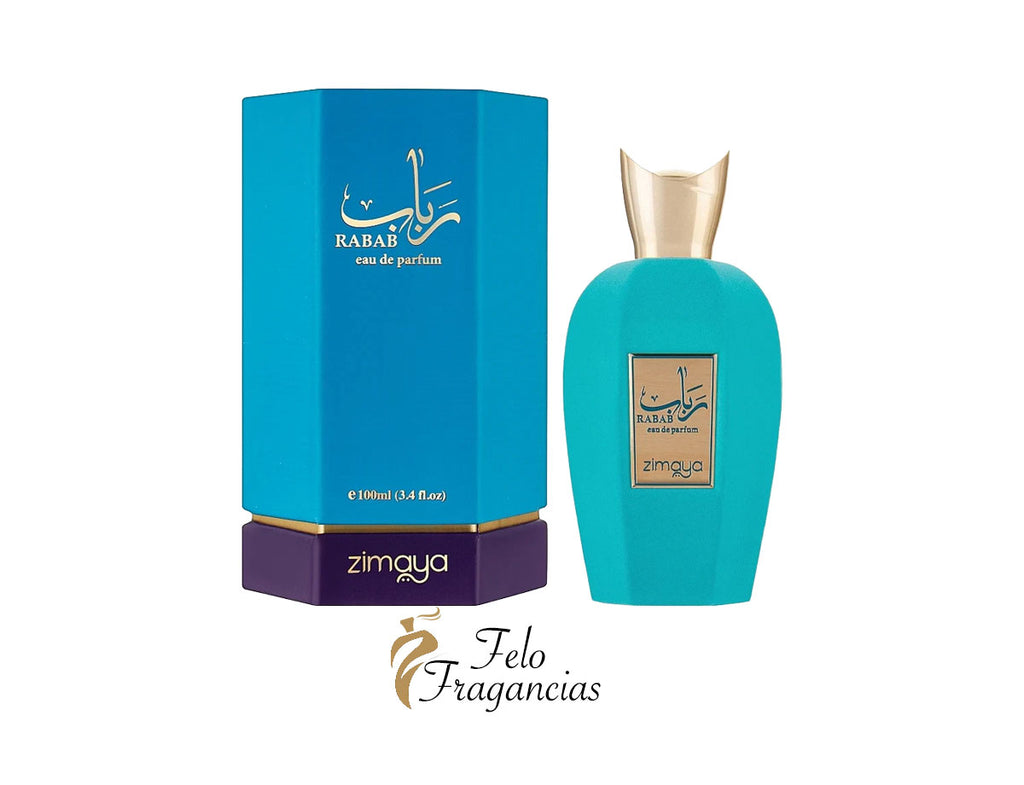 Rabab eau de parfum 100ml teal bottle with gold cap and matching box