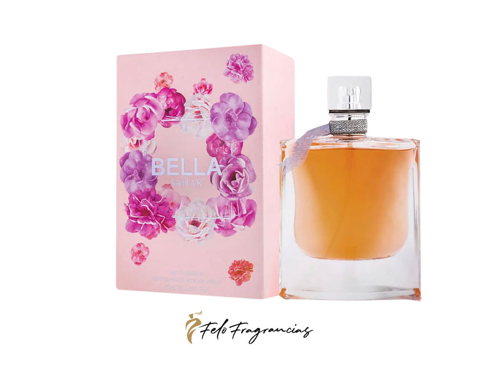 Bella Sahar 75ml eau de parfum bottle with amber liquid and pink floral box