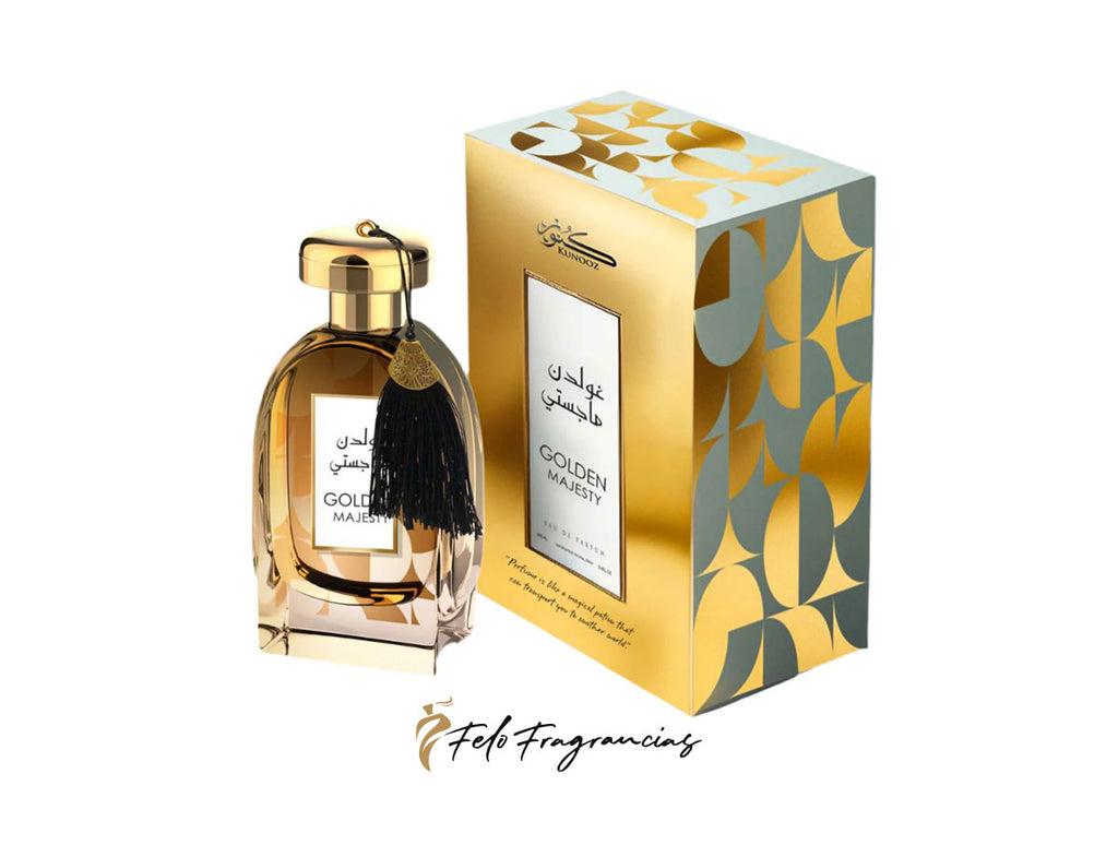Golden Majesty eau de parfum bottle with gold cap and matching gift box, 100ml