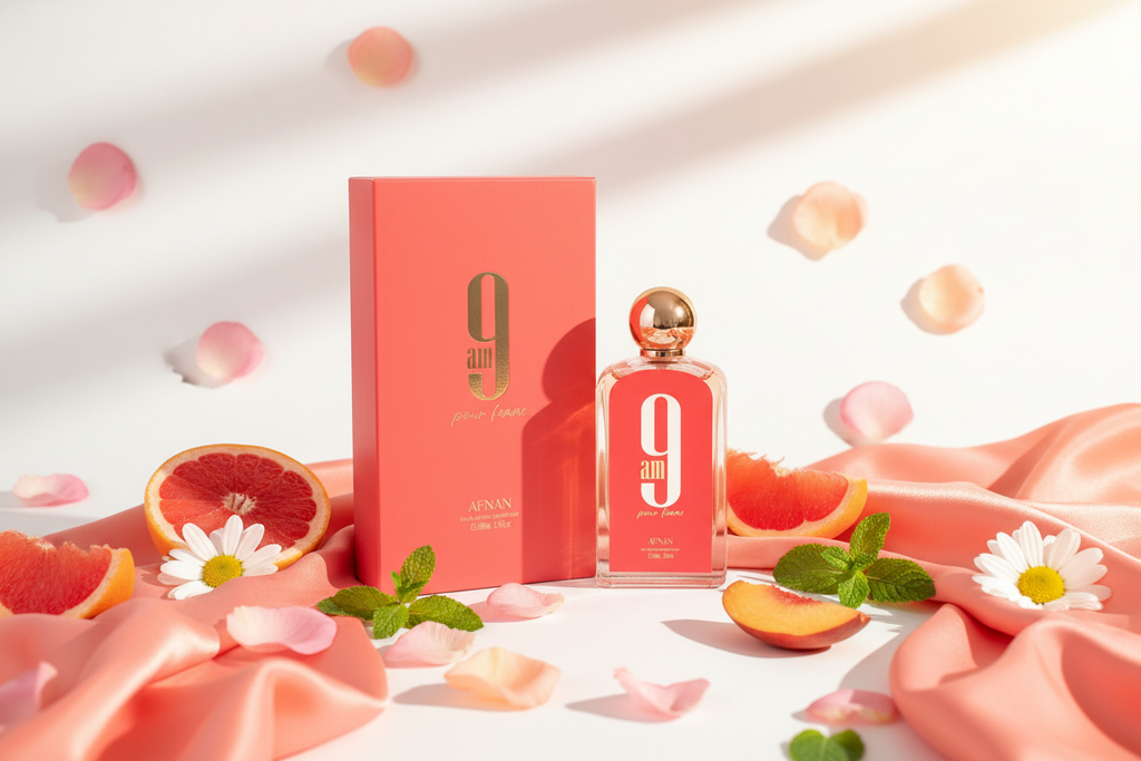 Perfume Afnan 9 AM Pour Femme: frasco rosa coral con tapa dorada y caja a juego