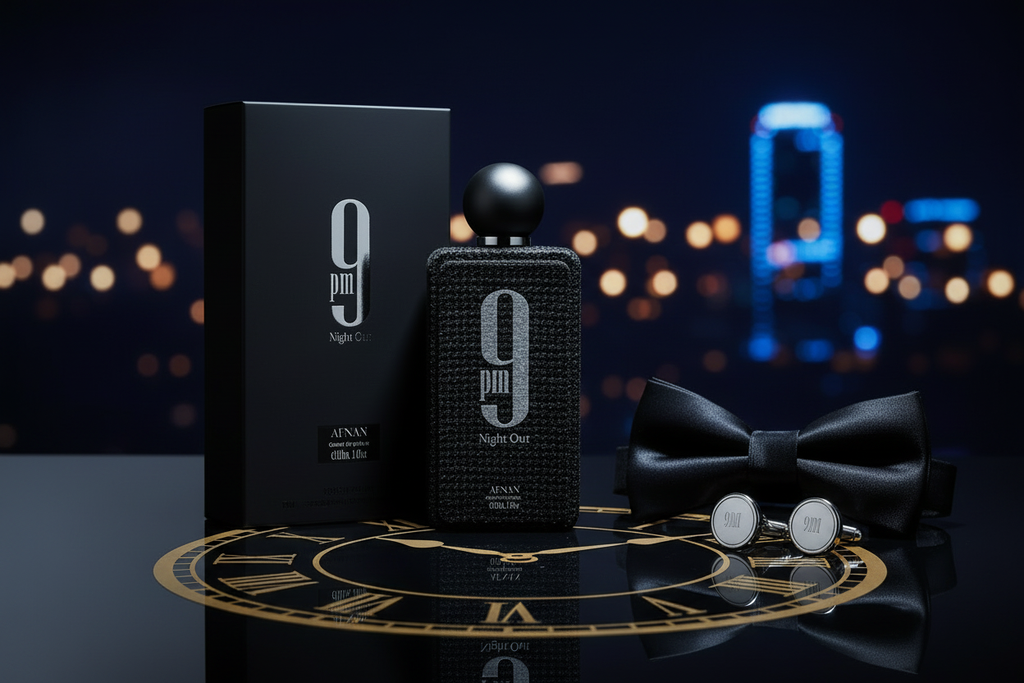 Eau de Parfum Afnan 9PM Night Out: frasco negro, caja y moño negro