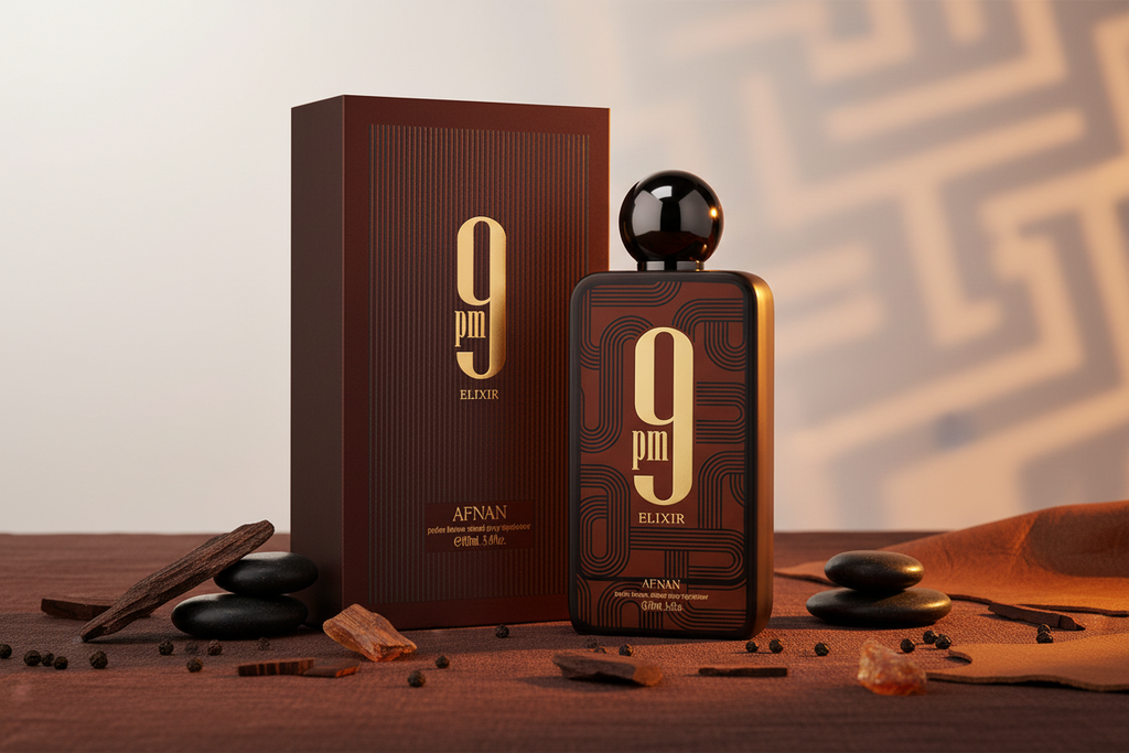 Perfume Afnan 9 PM Elixir: frasco ámbar con tapa esférica y caja marrón.