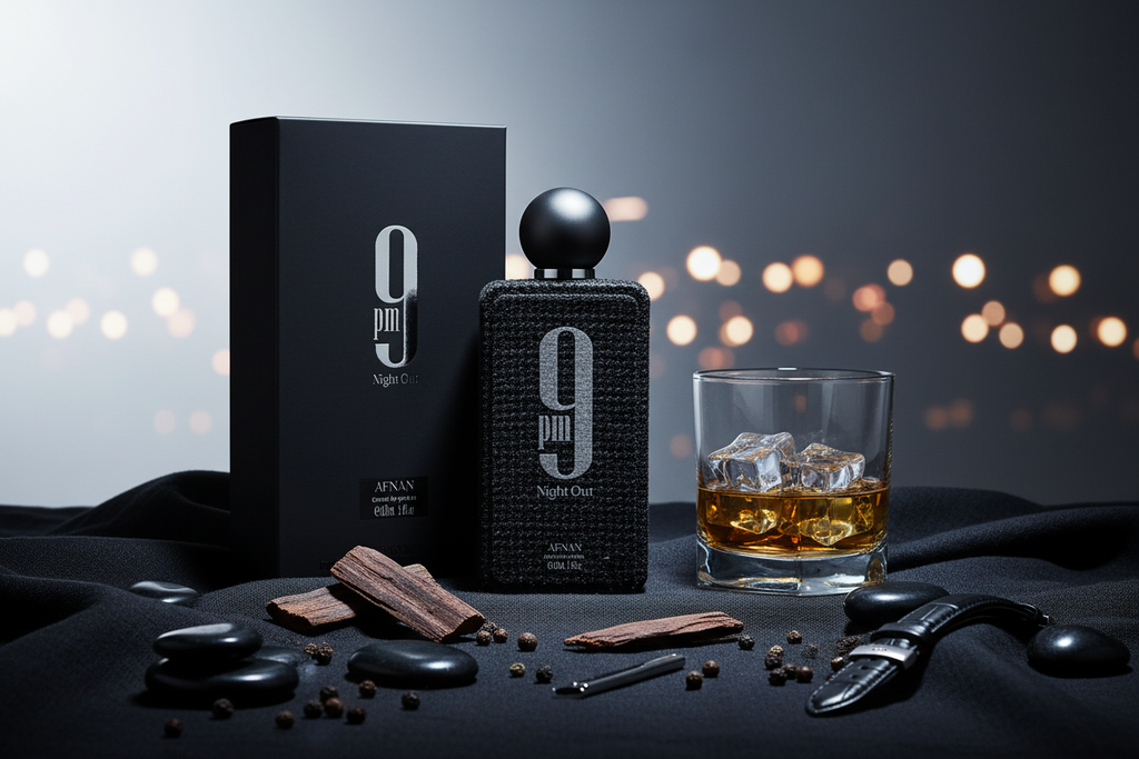 Eau de Parfum para hombre: frasco negro con tapa esférica, caja negra y vaso con líquido ámbar