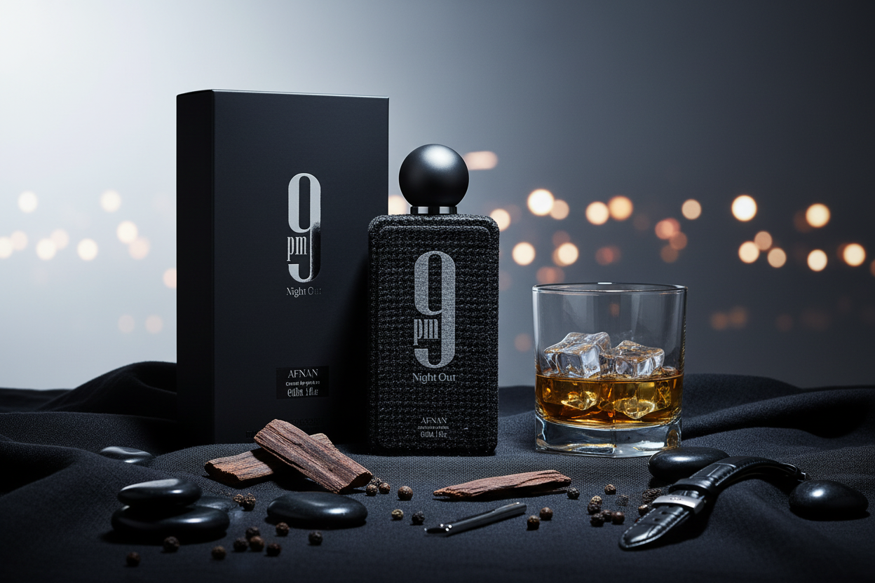 Eau de Parfum para hombre: frasco negro con tapa esférica, caja negra y vaso con líquido ámbar