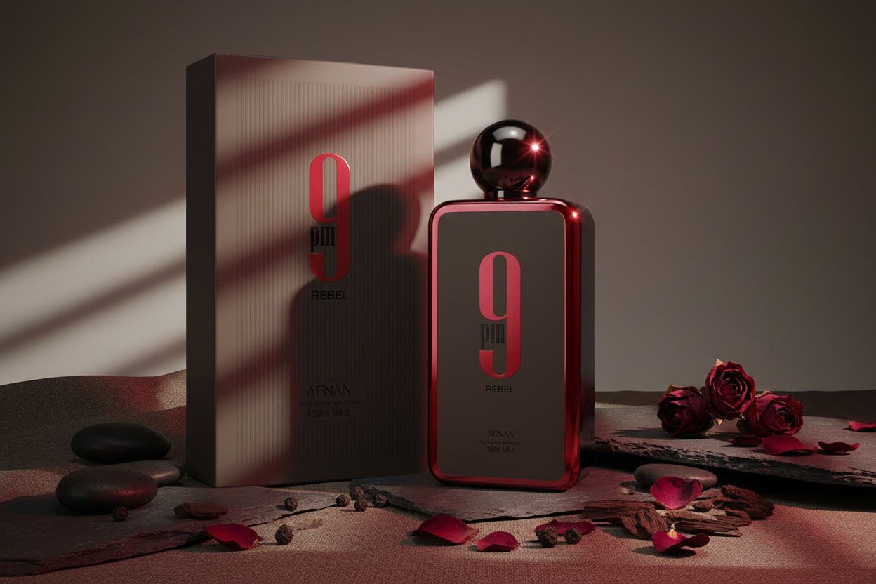 Frasco de perfume Afnan 9 PM Rebel con tapa negra y etiqueta roja, junto a su caja