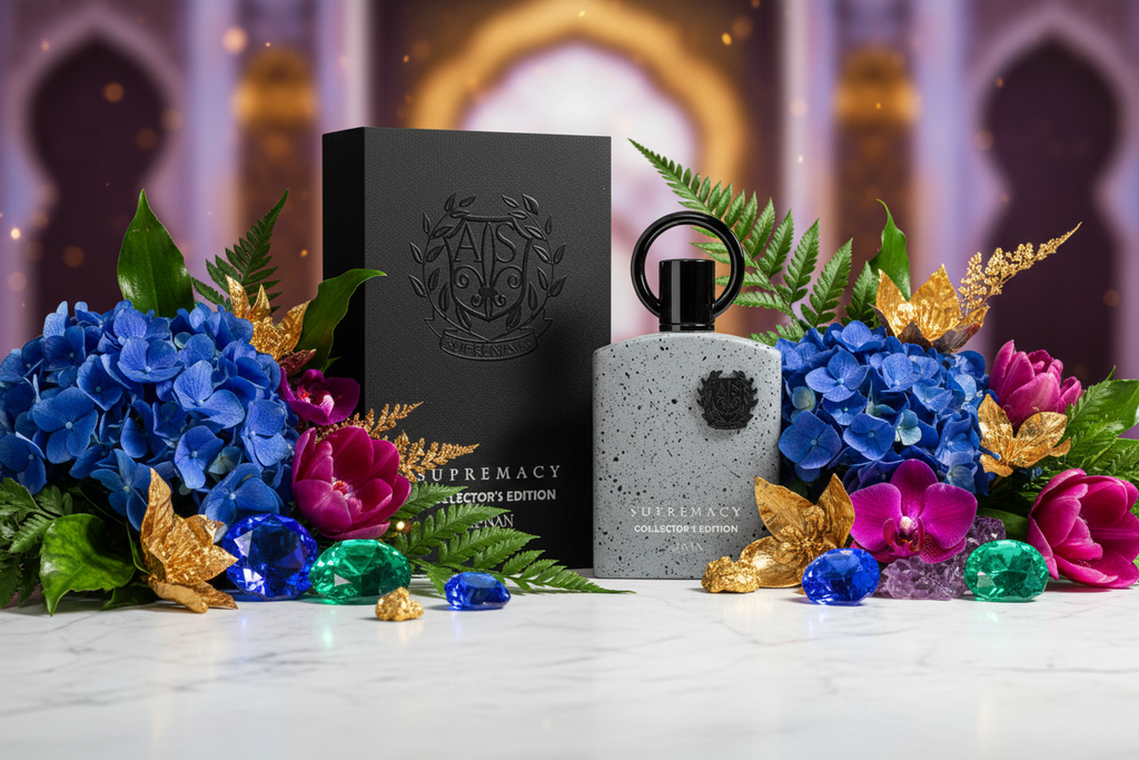 Perfume Afnan: frasco de vidrio gris con tapa negra y caja negra, 100 ml.