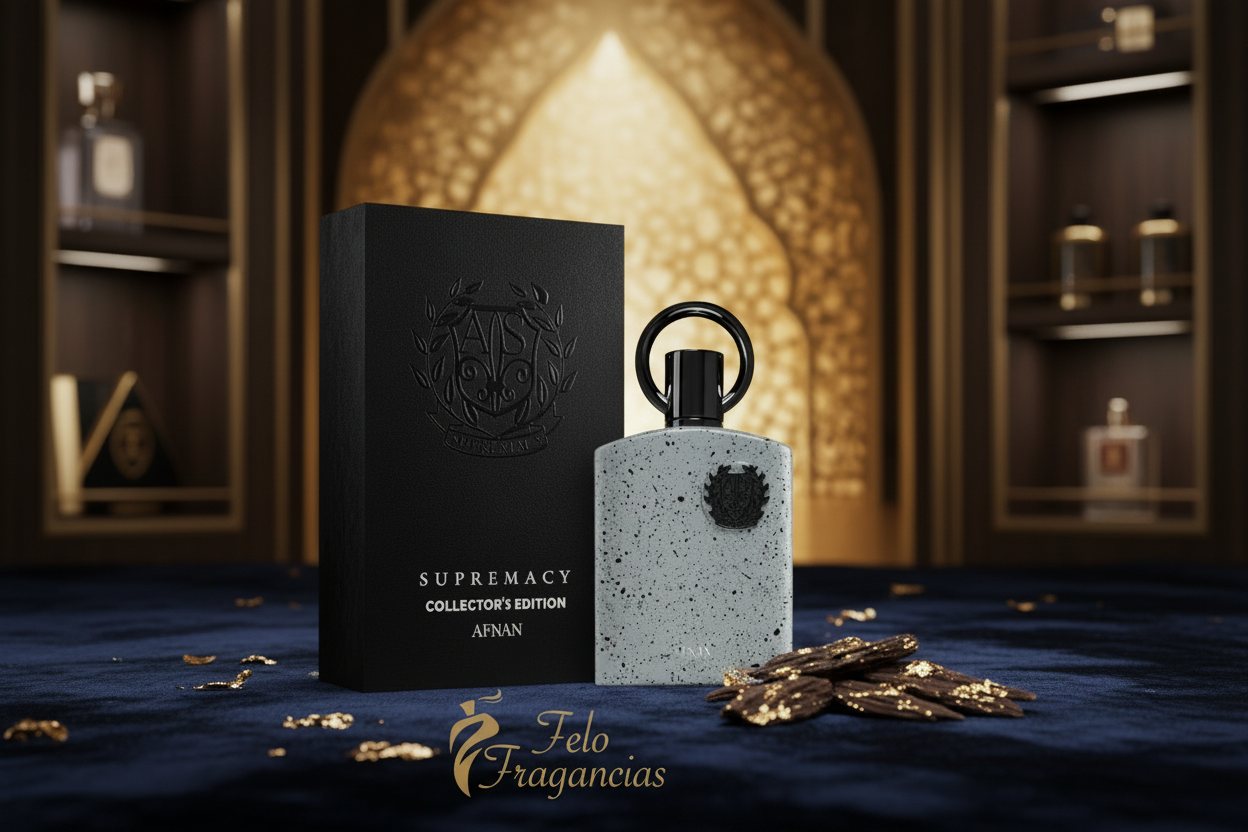 Perfume Afnan: frasco de vidrio gris con tapa negra y caja negra, 100 ml.