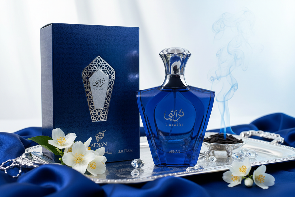 Perfume Afnan Turathi Blue, frasco de vidrio azul con tapa plateada y caja.