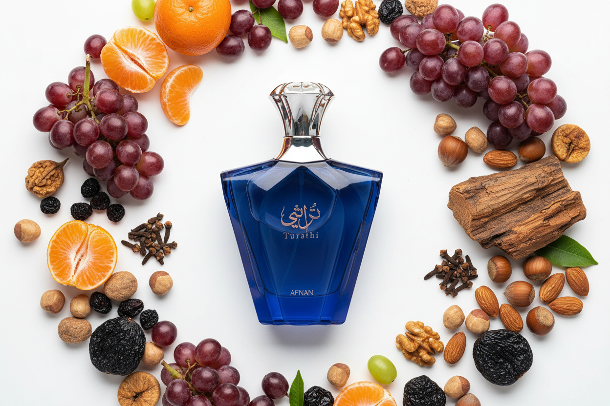 Perfume Afnan Turathi Blue Eau de Parfum en frasco azul con tapón transparente
