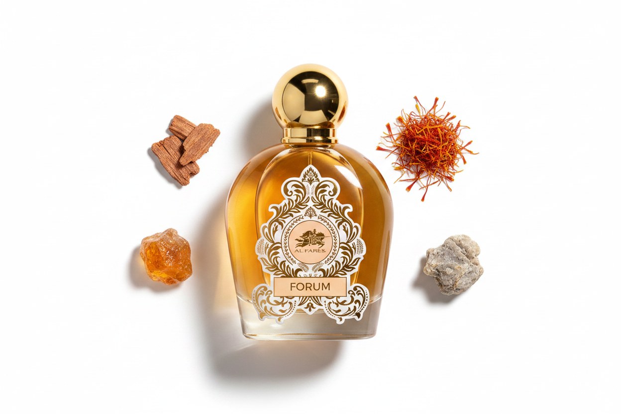 Perfume Al Fares Absolute Forum: frasco ámbar con tapa dorada y etiqueta Forum