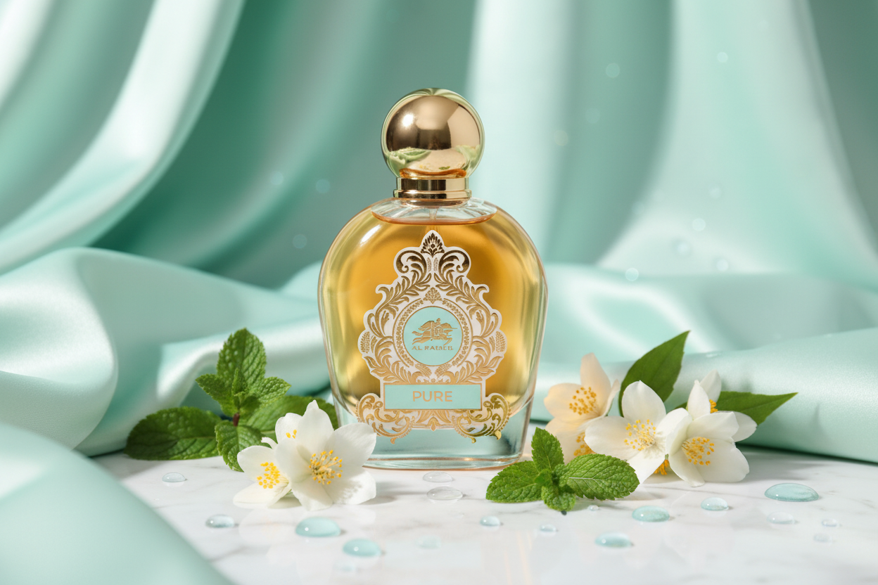 Perfume Al Fares Absolute Pure: frasco turquesa con tapa dorada y etiqueta
