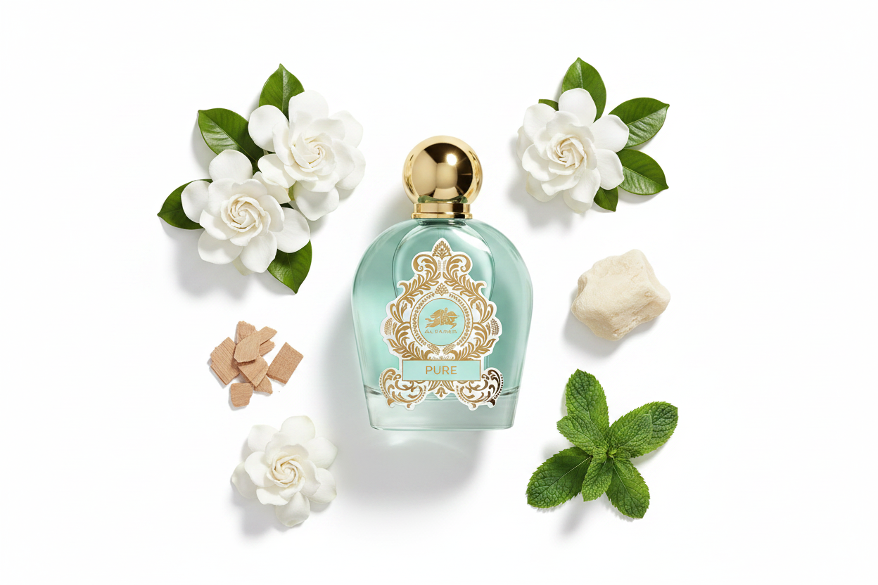 Perfume Al Fares Absolute Pure: frasco turquesa con tapa dorada