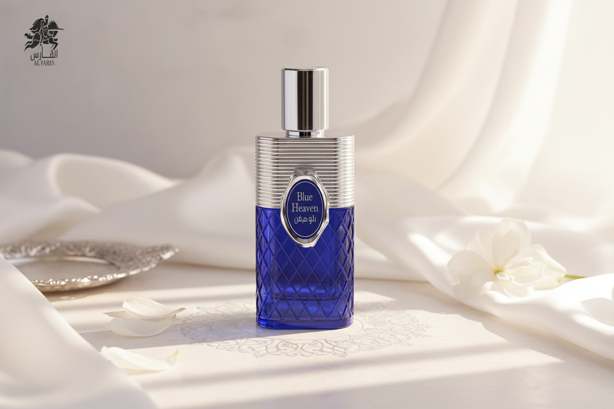 Frasco de Eau de Parfum Al Fares Blue Heaven 100 ml, azul con atomizador plateado.