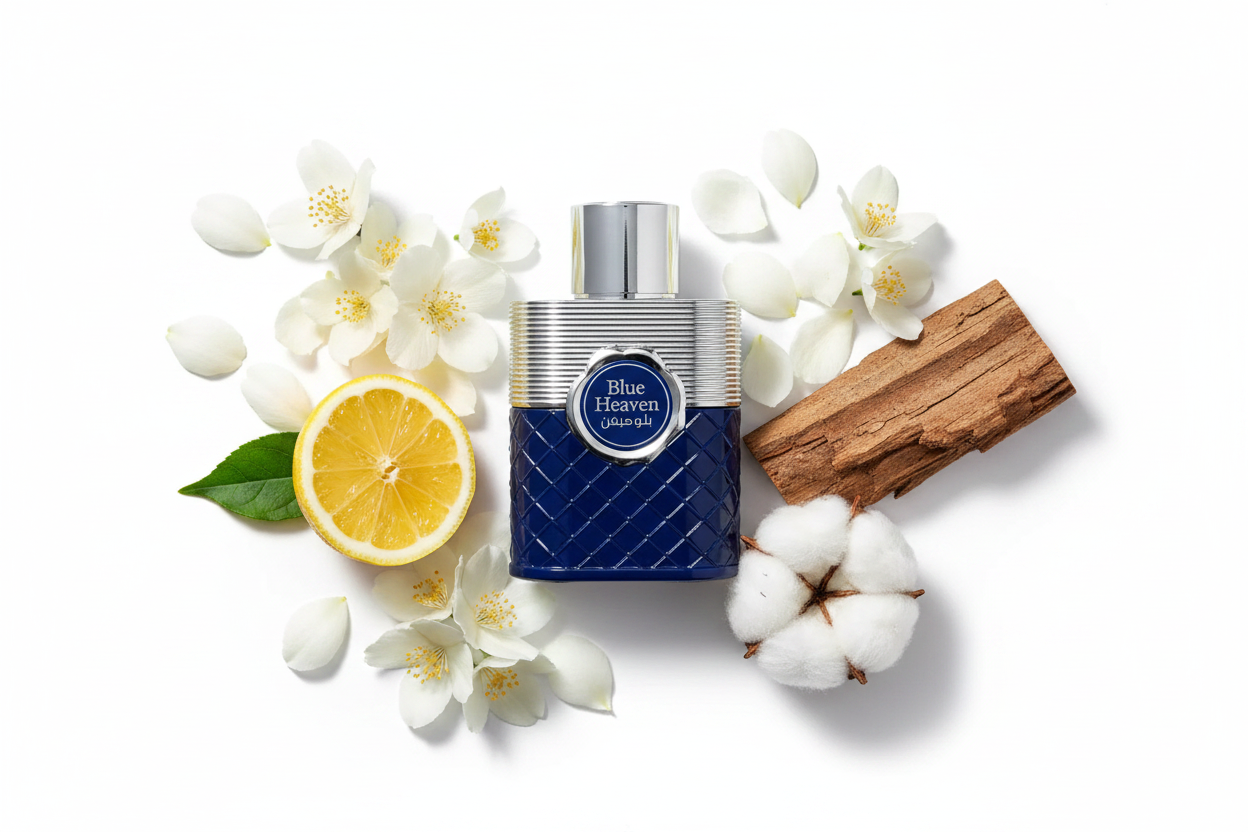 Eau de Parfum Al Fares Blue Heaven 100 ml con frasco azul y flores blancas alrededor.