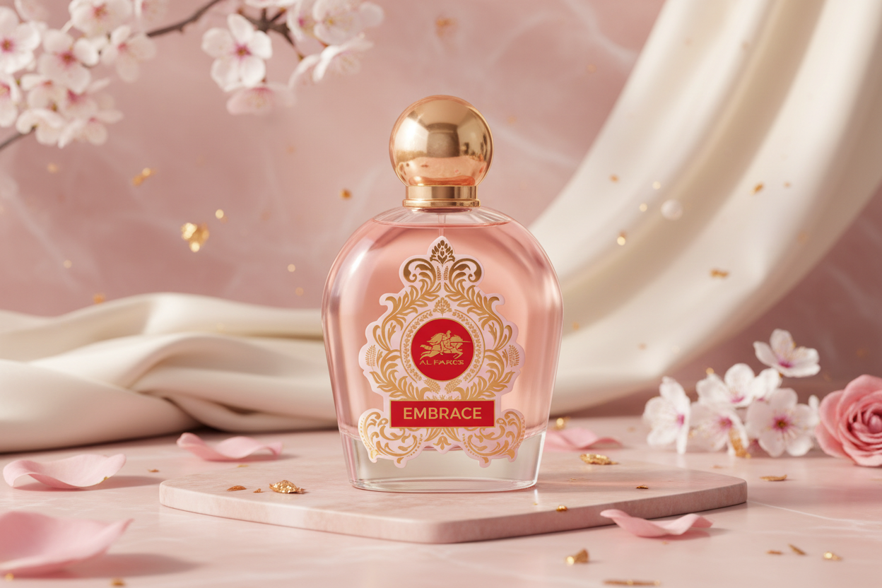 Botella de eau de parfum rosa con tapa dorada, frasco transparente y etiqueta EMBRACE