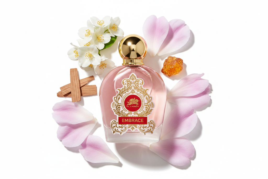 Botella de eau de parfum rosa con tapa dorada y etiqueta EMBRACE
