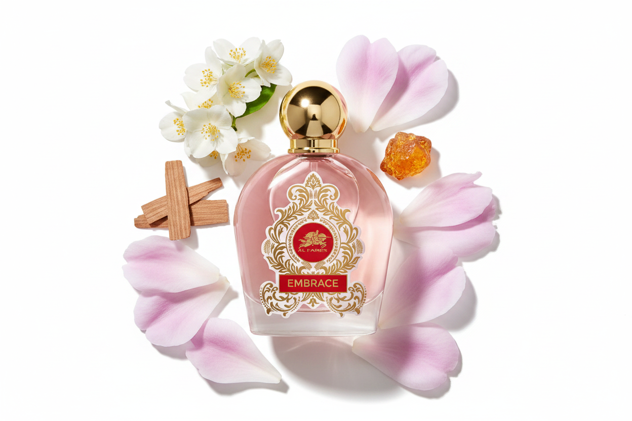 Botella de eau de parfum rosa con tapa dorada y etiqueta EMBRACE