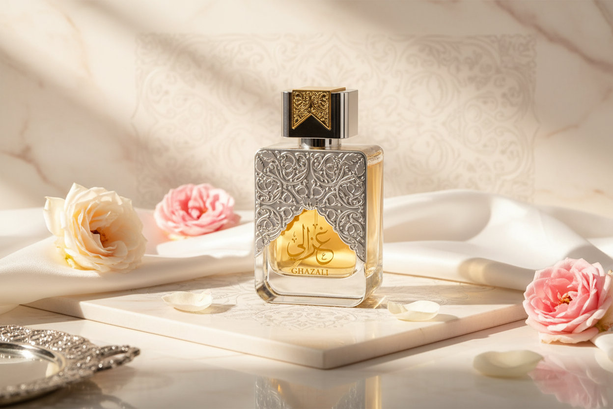 Perfume Al Fares Ghazali Eau de Parfum 100 ml: frasco plateado con detalles dorados