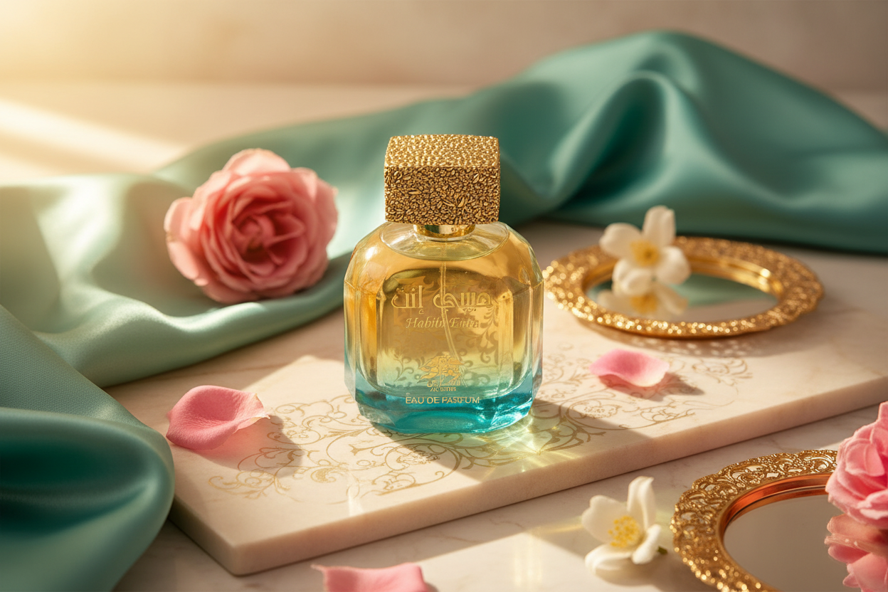 Eau de parfum Al Fares Habibi Enta 100 ml, frasco con tapa dorada y líquido azul