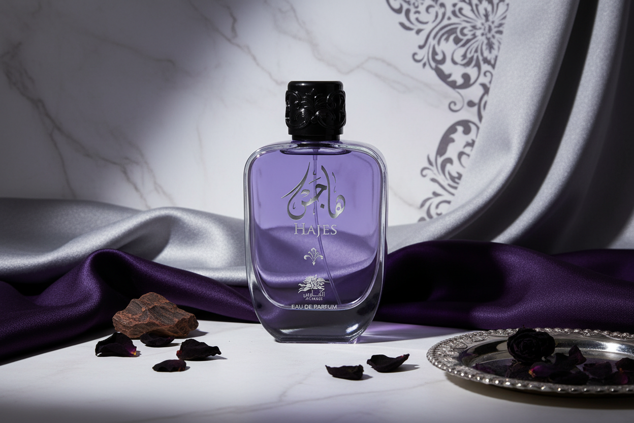 Frasco de eau de parfum con logotipo, 100 ml, tapa negra, vidrio morado