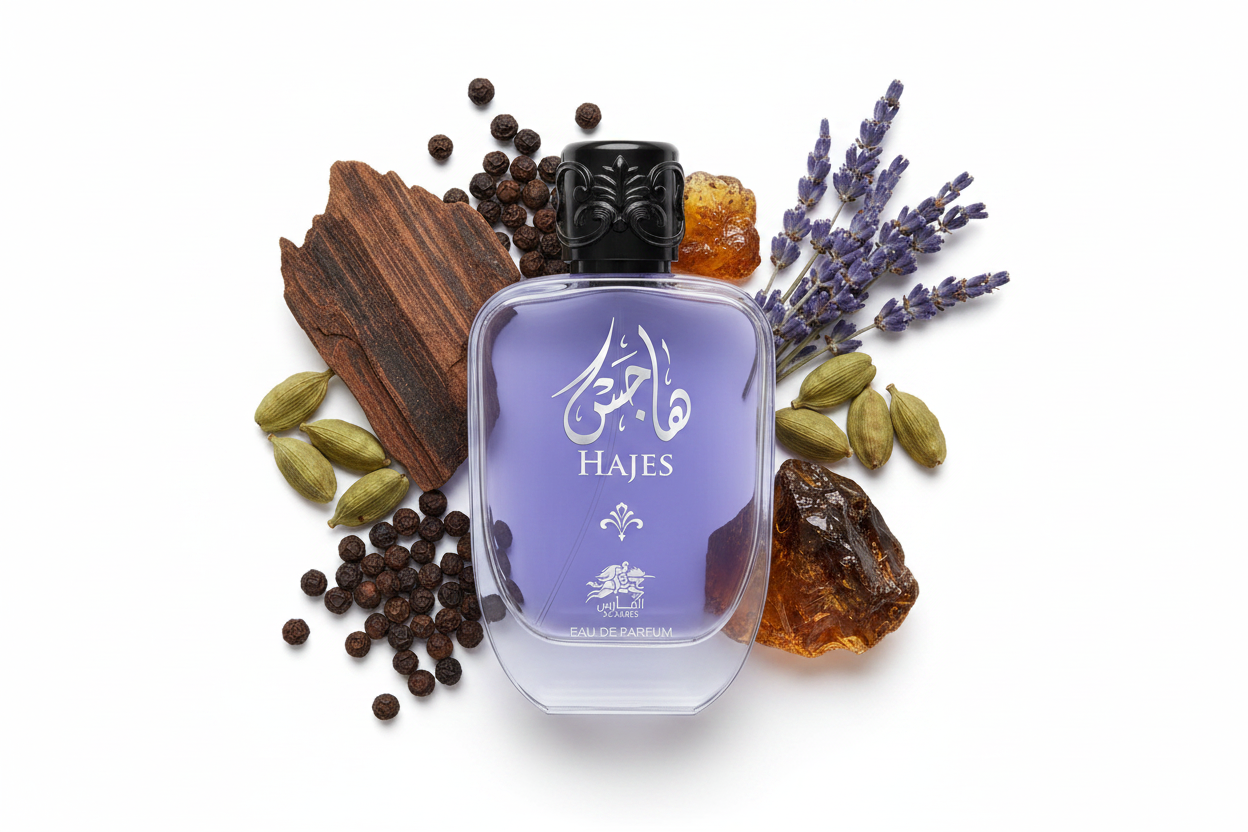 Frasco eau de parfum Al Fares Hajes 100 ml, tapa negra, vidrio morado