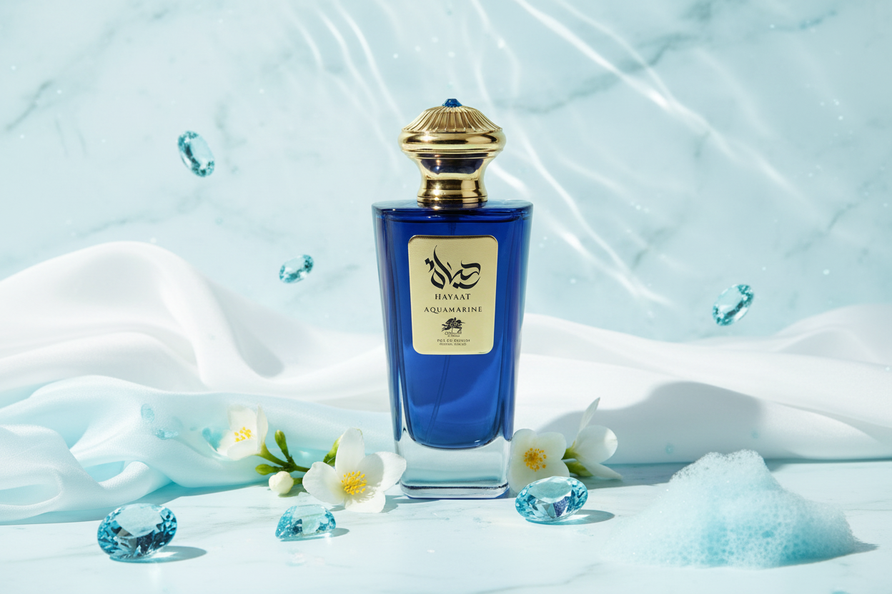 Perfume Al Fares Hayaat Aquamarine: frasco azul con tapa dorada y cristales