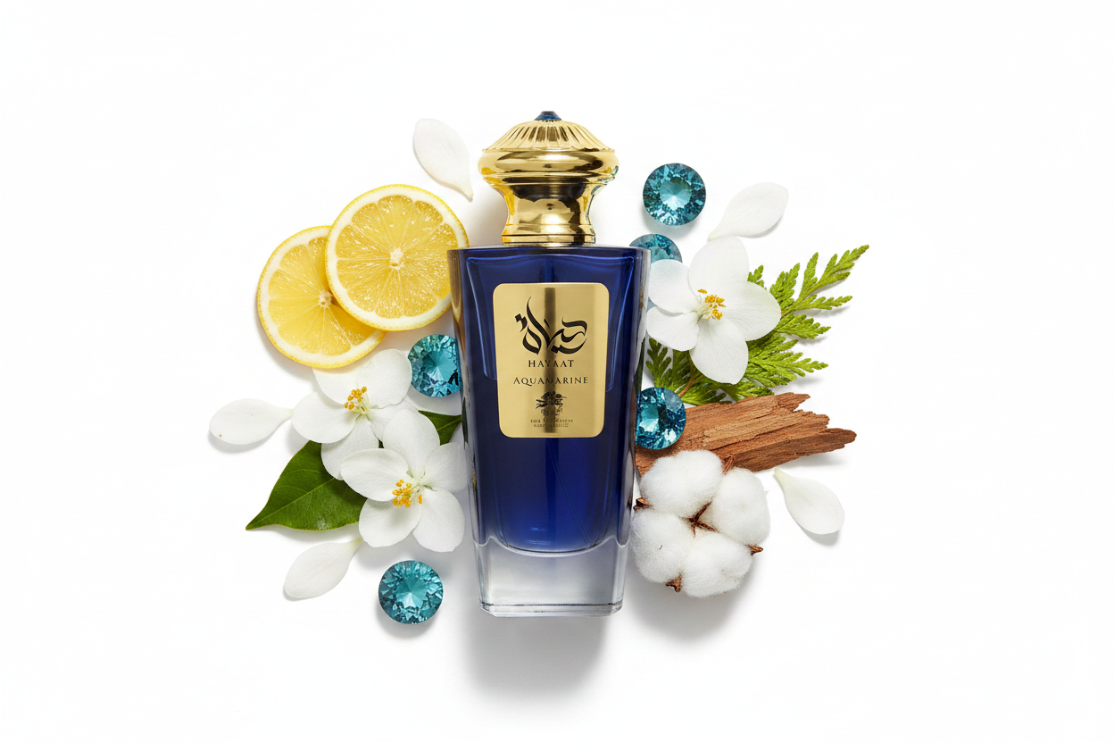 Perfume Al Fares Hayaat Aquamarine: frasco azul con tapa dorada y flores