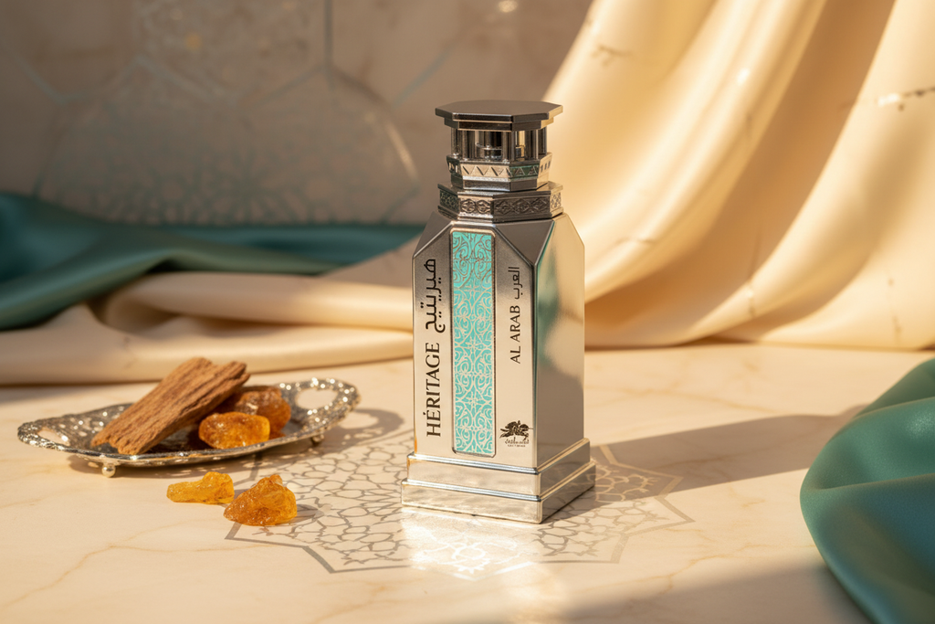 Botella Eau de Parfum Al Fares Heritage Al Arab con tapa plateada y etiqueta turquesa.