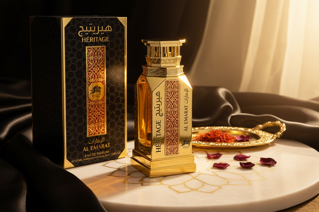 Perfume en frasco dorado y caja negra con detalles dorados