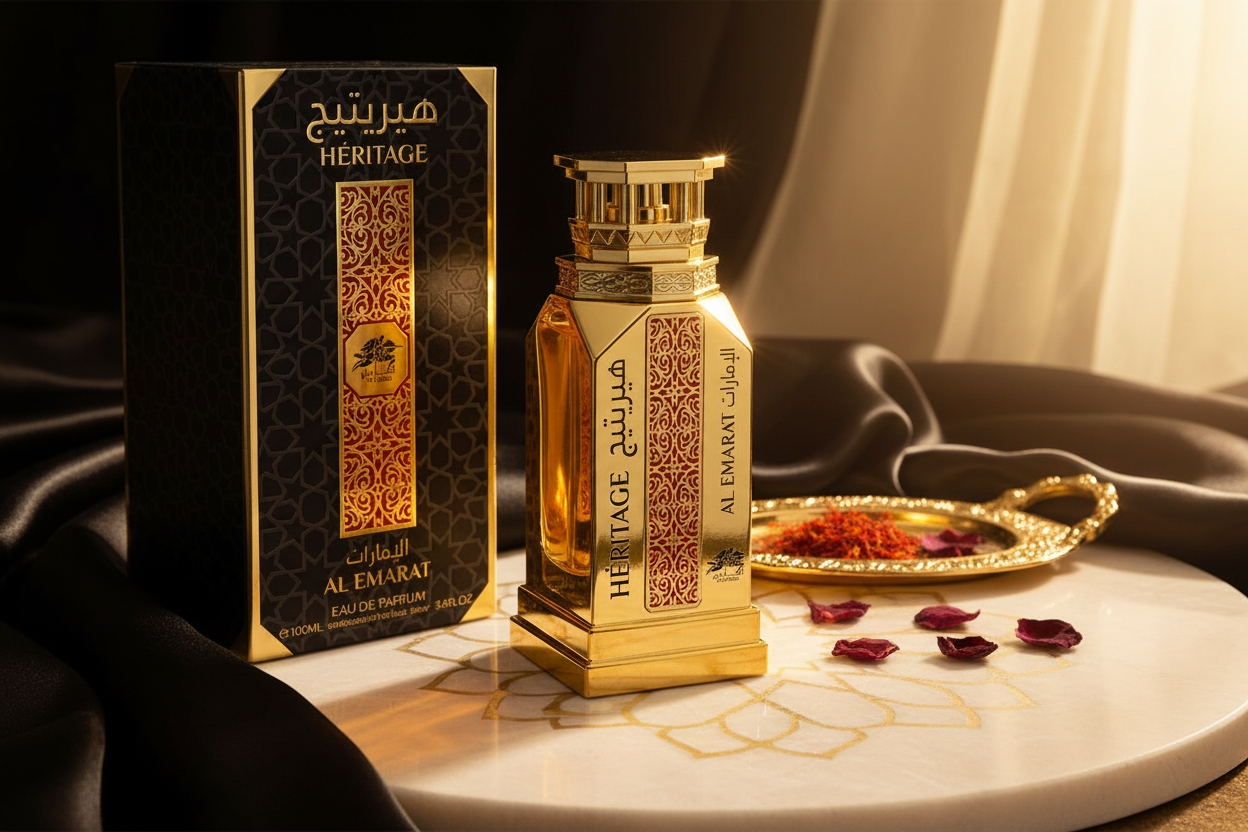 Perfume en frasco dorado y caja negra con detalles dorados