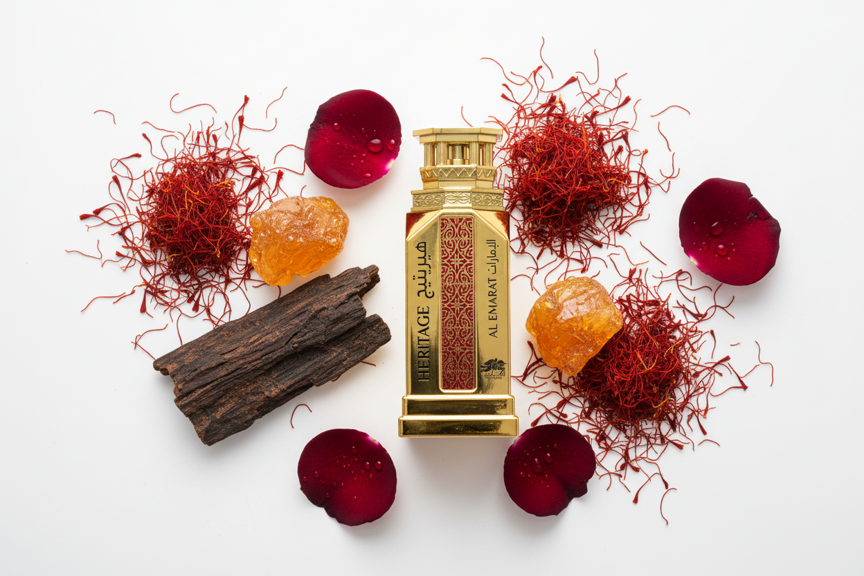 Frasco de perfume dorado con etiqueta roja y tapa dorada