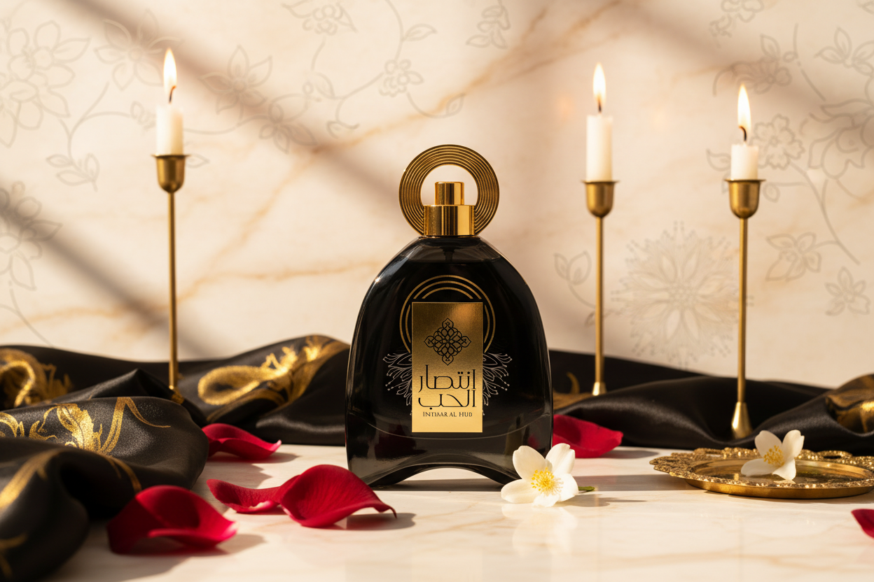 Frasco de Eau de Parfum negro con tapón dorado y etiqueta dorada, vista frontal
