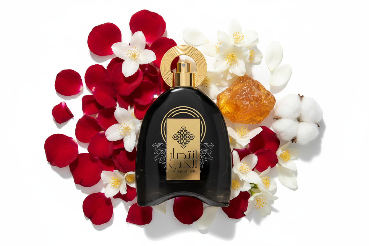 Frasco de Eau de Parfum negro con tapón dorado y etiqueta dorada, 100 ml