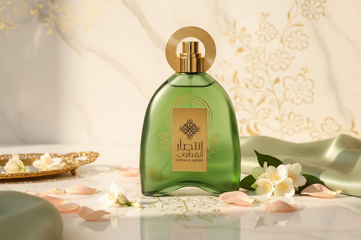 Botella de Eau de Parfum verde con tapa dorada sobre superficie clara