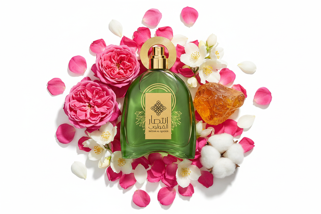 Botella de Eau de Parfum verde con tapa dorada y flores rosa alrededor